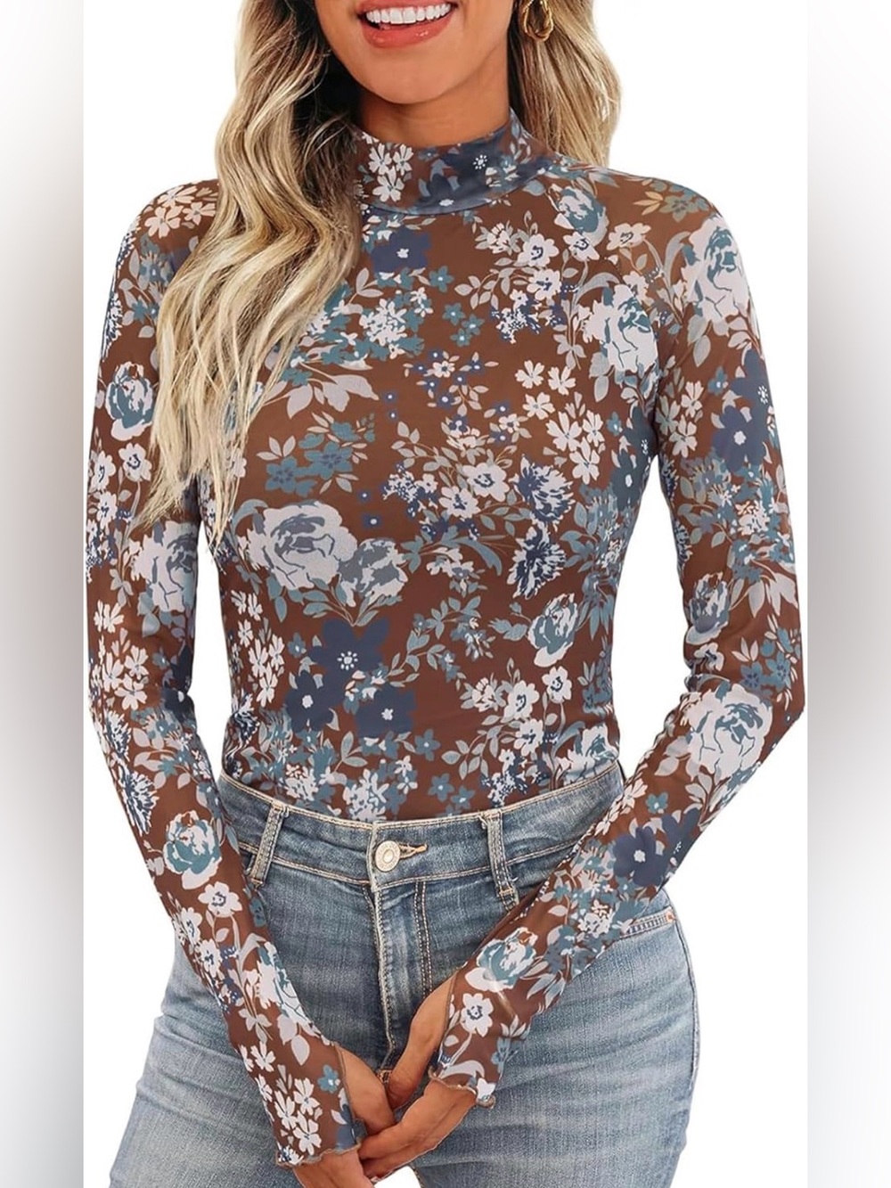 Women's Floral Mesh Long Sleeve Tops - Sheer Lace Mockneck Layering Shirt
